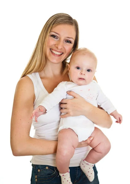 母亲与快乐和可爱婴儿女婴被隔绝在白色 — 图库照片