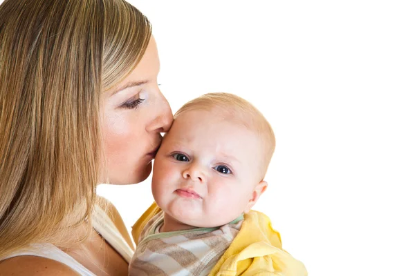 Anya a csecsemő baba boldog és aranyos lány, elszigetelt fehér — Stock Fotó