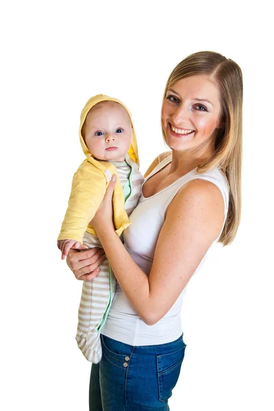 Matka z szczęśliwy i ładny niemowlę dziecko dziewczynka na białym tle — Zdjęcie stockowe