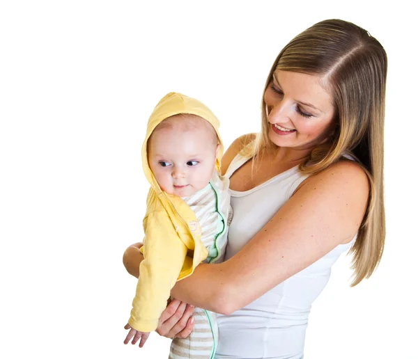 Madre con felice e carina neonata isolata su bianco — Foto Stock