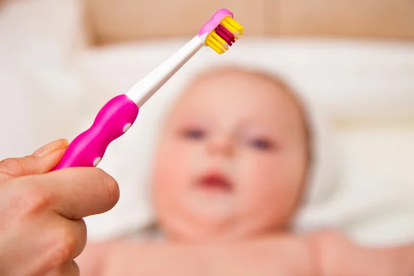 歯ブラシを呈する乳児 — ストック写真