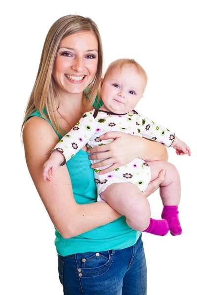 Mãe com menina infantil isolada no branco — Fotografia de Stock