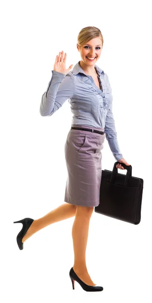Gelukkig zakenvrouw met werkmap geïsoleerd op wit — Stockfoto