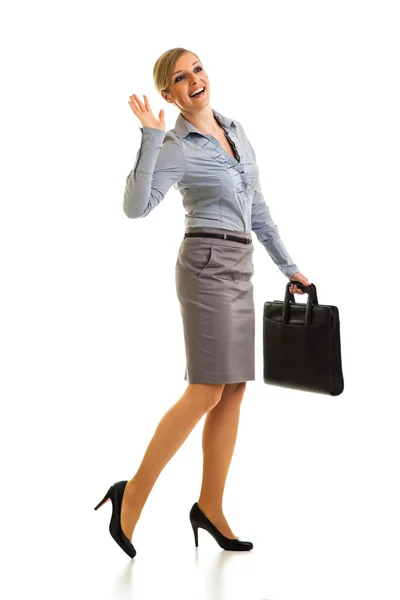 Felice donna d'affari con valigetta isolata su bianco — Foto Stock