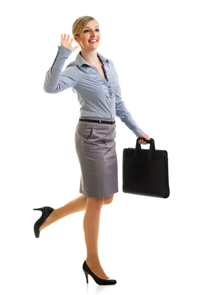 Щаслива бізнес-леді з портфелем ізольовані на білому — стокове фото