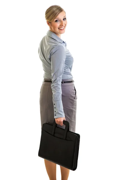 Mujer de negocios feliz con maletín aislado en blanco — Foto de Stock