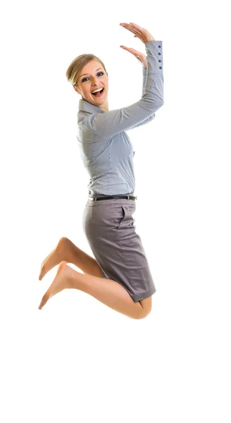 Mulher de negócios pulando com felicidade isolada no branco — Fotografia de Stock