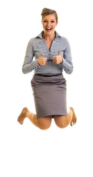 ビジネスの女性は白で隔離される幸福とジャンプ — ストック写真