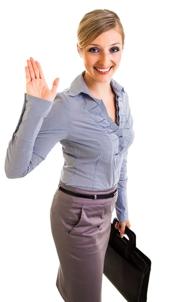 Glad affärskvinna med portföljen isolerad på vit — Stockfoto