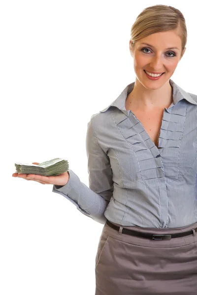 Mulher de negócios com notas de zloty polonês isolado em branco — Fotografia de Stock
