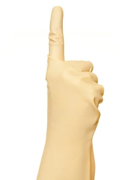 Handske som pekar mot en vit bakgrund — Stockfoto
