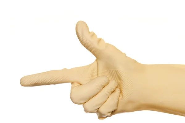 Handske som pekar mot en vit bakgrund — Stockfoto