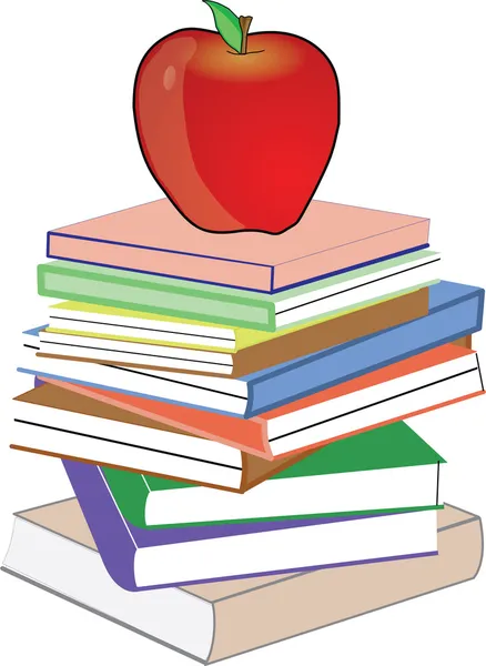 Apple in red on top of collection of books — Stock Vector