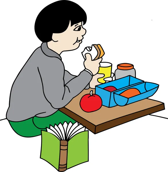 Niño en el almuerzo en la escuela — Vector de stock