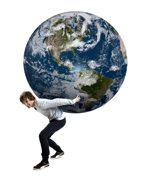 Pojken håller planetjorden — Stockfoto