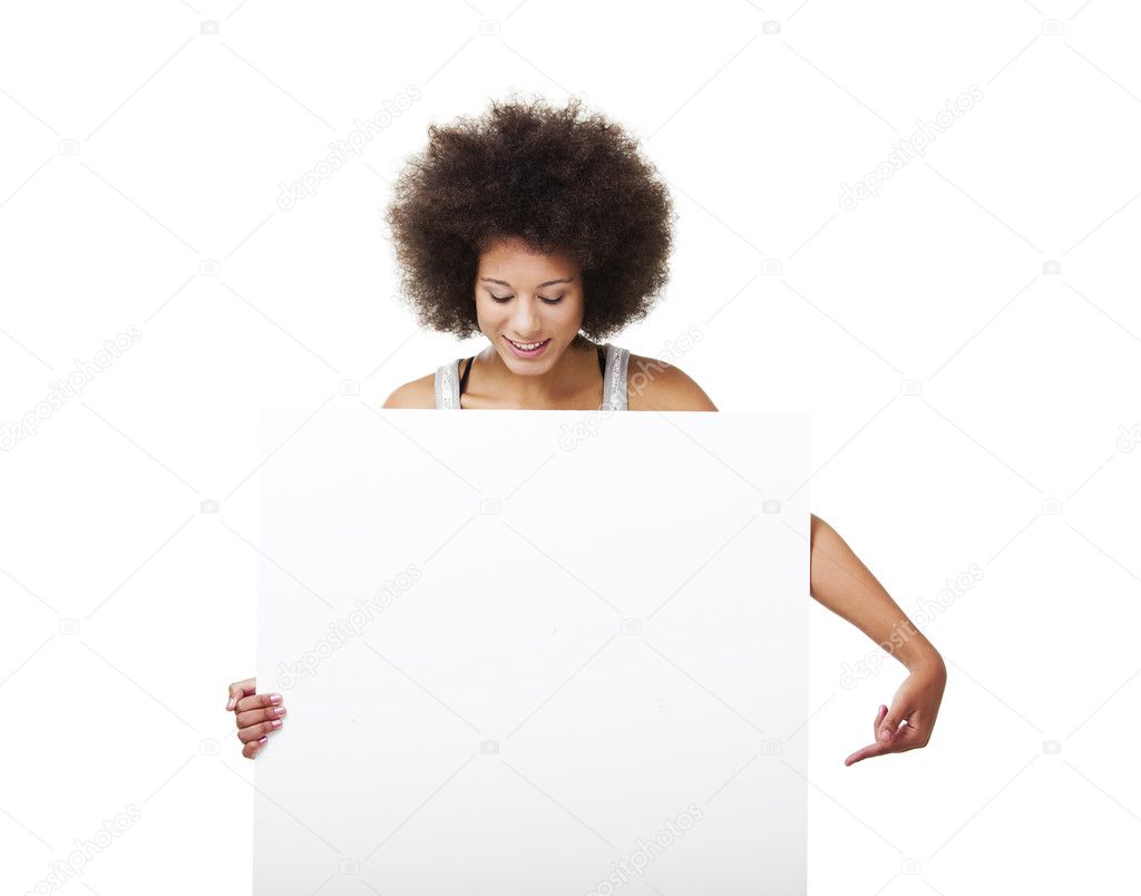 Woman holding a white billboard