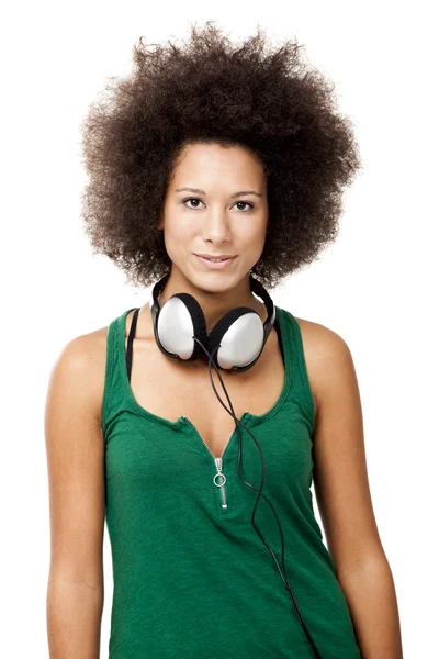 Mulher bonita com fones de ouvido — Fotografia de Stock