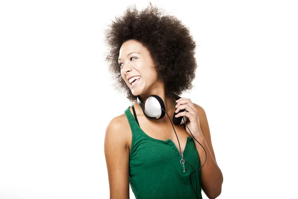 Ευτυχισμένη γυναίκα με ακουστικά — Φωτογραφία Αρχείου
