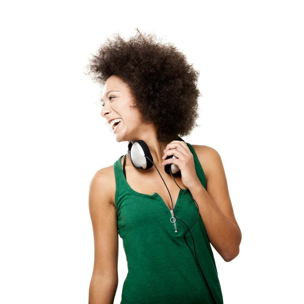 Femme heureuse avec écouteurs — Photo