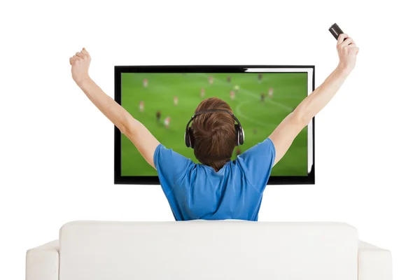 Voetbal kijken op tv — Stockfoto