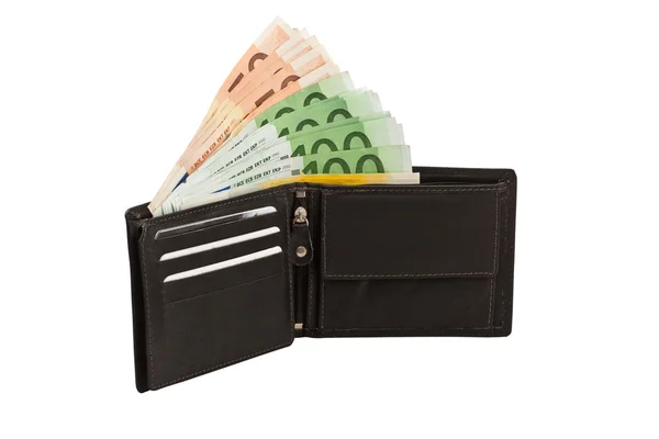 Dinheiro em bolsa de couro — Fotografia de Stock