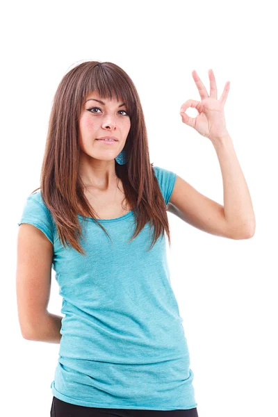 Frau gestikuliert ein Okay-Zeichen — Stockfoto