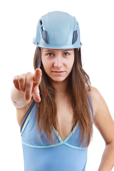 Mulher na escalada helme — Fotografia de Stock
