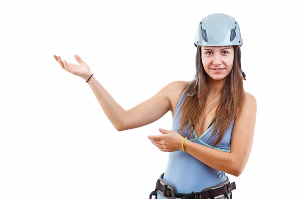 Woman in climbing helmet — Stock Photo, Image