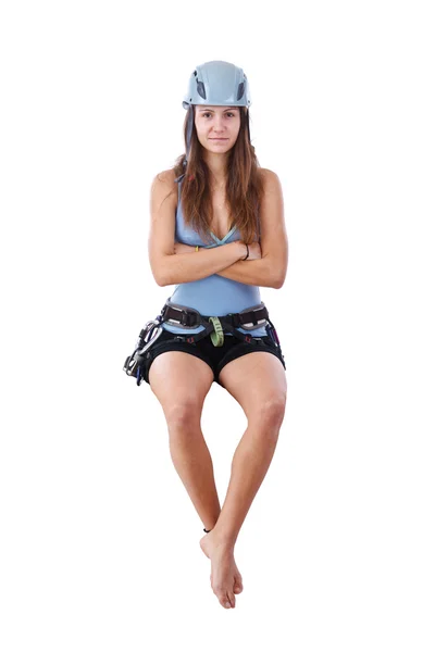 バナーを座っている登山の女性 — ストック写真