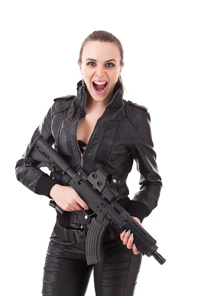 Жінка позує зі зброєю — стокове фото