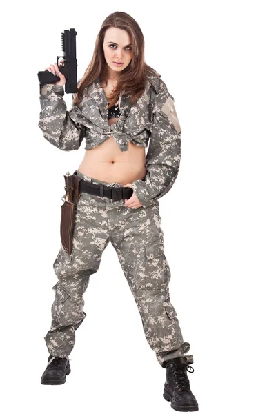 Unga kvinnliga soldater med pistol — Stockfoto
