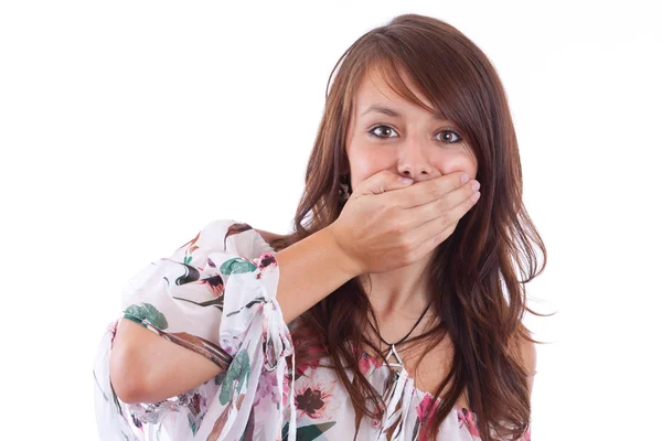 Mujer cubriendo boca — Foto de Stock