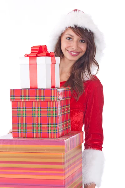 Мисс Санта с подарочной коробкой — стоковое фото