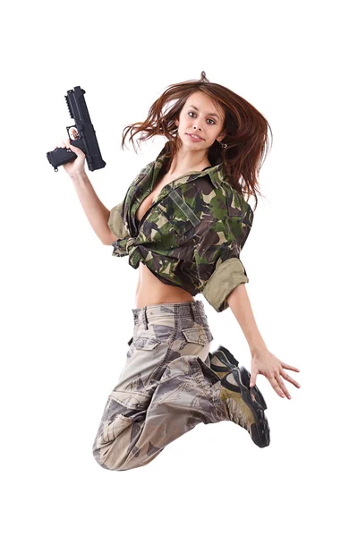 Giovane donna soldato con pistole — Foto Stock