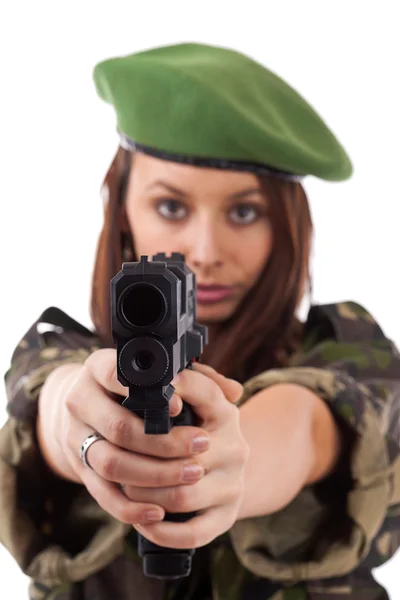 Mulher militar apontando — Fotografia de Stock
