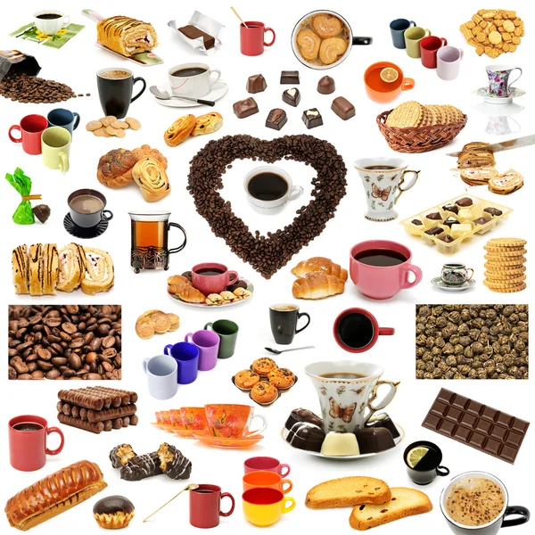 Káva, čaj a pečivo. koncepce: potraviny a nádobí k snídani. — Stock fotografie