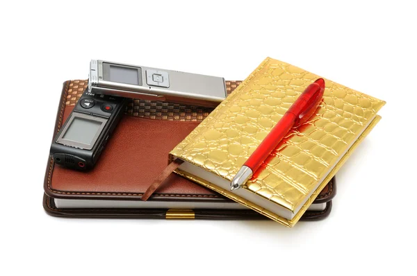 Dictaphone notepad and ballpen — Stock Photo, Image
