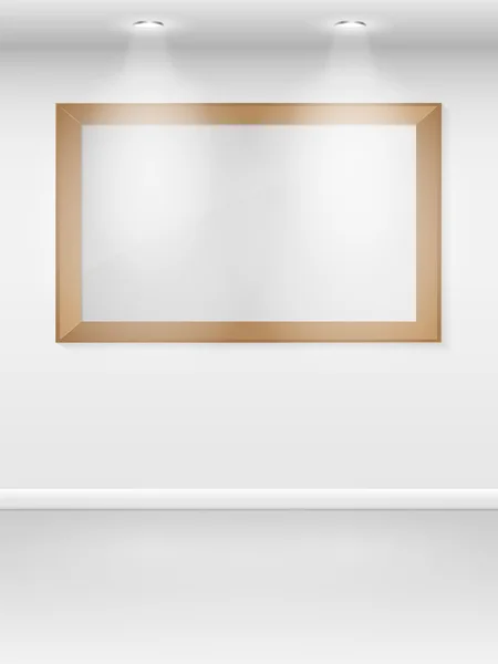 Galerie interieur met lege frames op de muur. — Stockvector