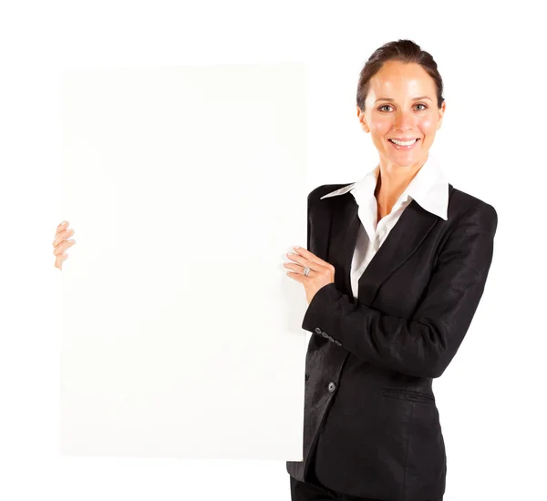 Businesswoman holding white board — Stock Photo, Image