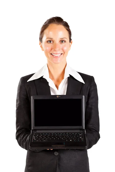 Empresária segurando laptop — Fotografia de Stock