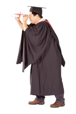 Male university graduate looking through certificate clipart