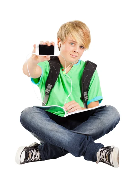Adolescente menino com telefone inteligente — Fotografia de Stock