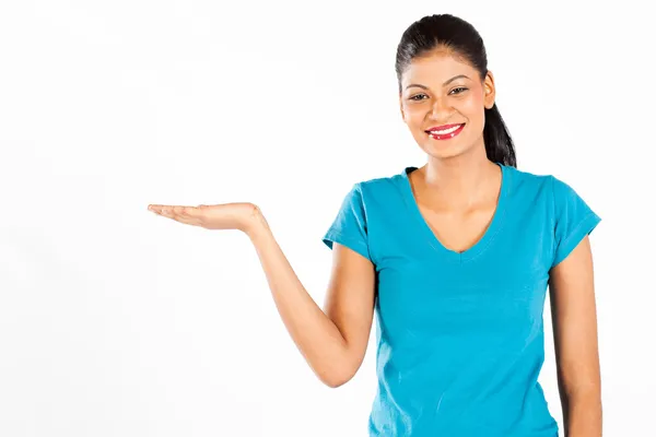Happy indian woman presenting — Stock Photo, Image