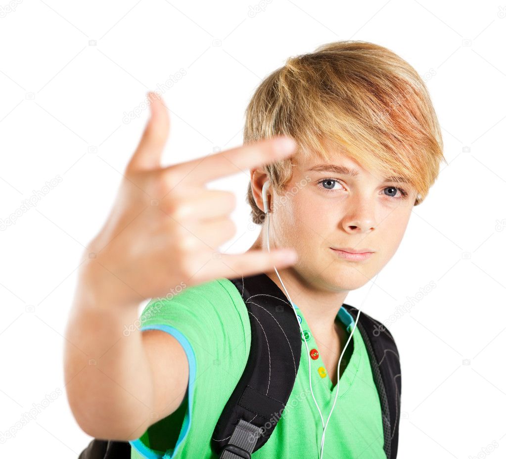 Teen boy giving hand sign