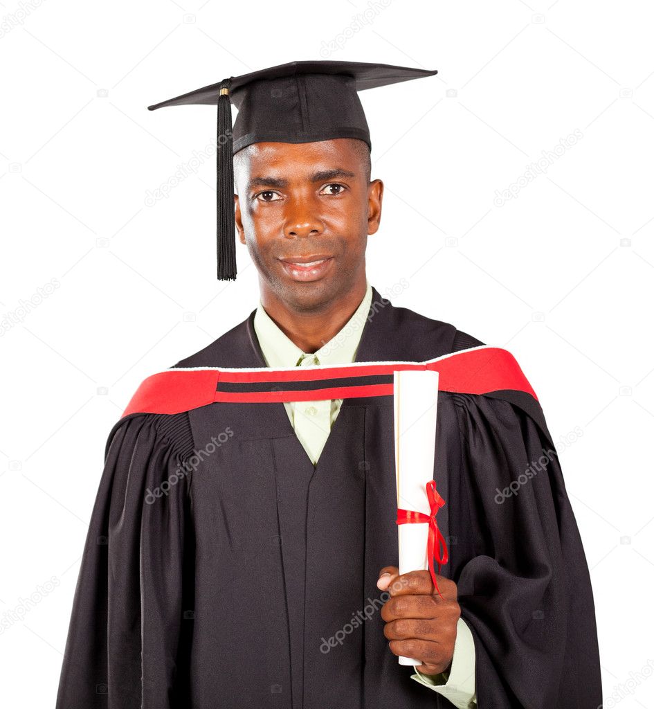 African american graduate in gown and cap