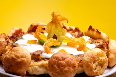 French Gougère Decorated With Zucchini Flower