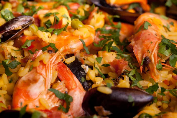 Mexilhões e camarão em Paella — Fotografia de Stock