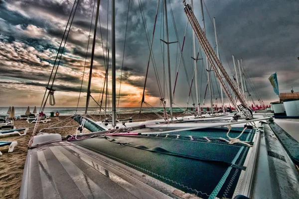 stock image Yachts lined up on a beachfront