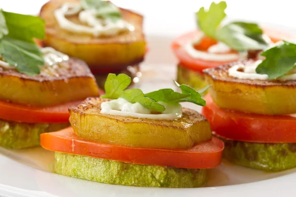 stock image Appetizer of fried zucchini, eggplant and tomato