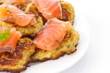 Fried potato pancakes with salted salmon clipart